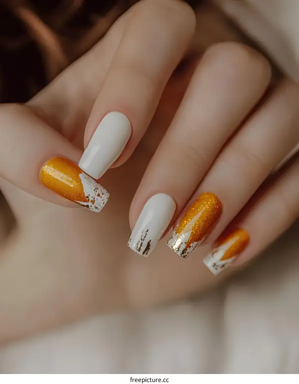 White and Gold Nail Art Design with Glitter