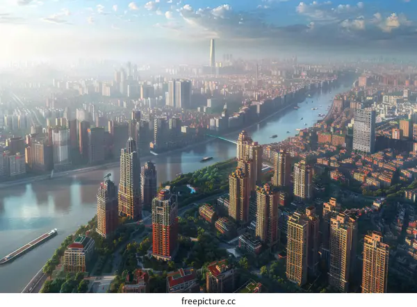 Aerial View of Modern Cityscape with River