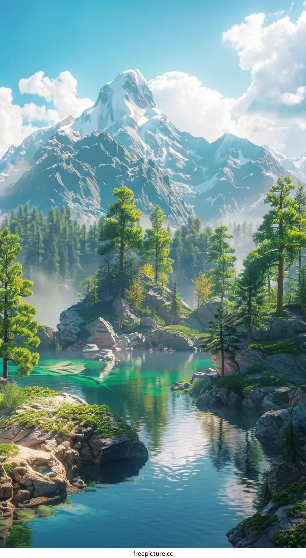 Mountain Lake Landscape With Snow Capped Peak And Lush Green Trees