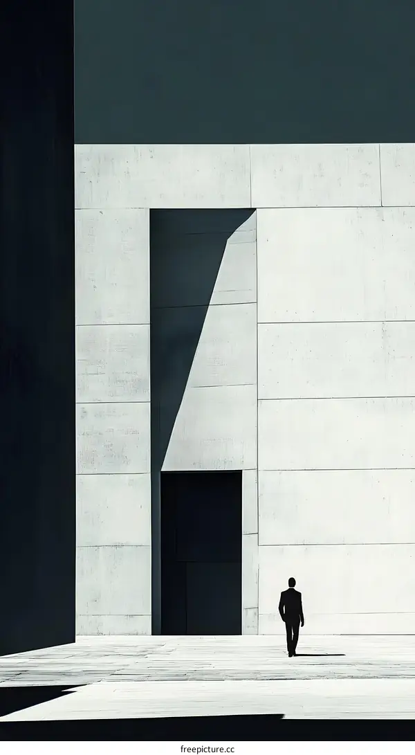 Man Walking Through Concrete Doorway in Minimalist Architecture