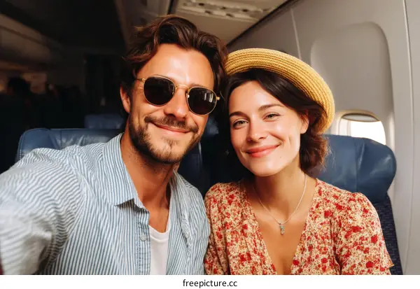 Young couple taking selfie on airplane during travel trip
