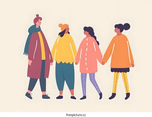Four Diverse Women Walking Together Holding Hands