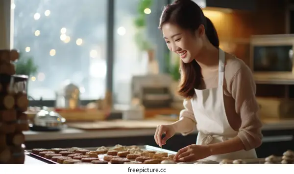 Asian woman baking cookies in the kitchen
