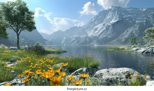 Mountain Lake and Flowers