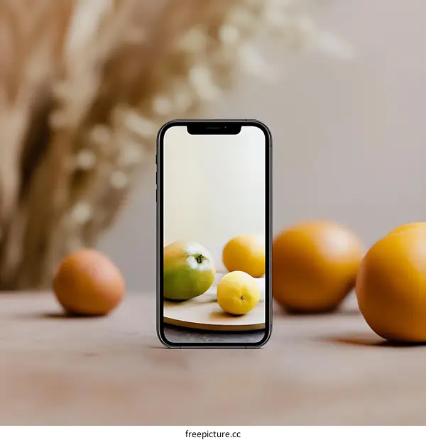 Smartphone Displaying Still Life Photography of Fruit on Wooden Plate
