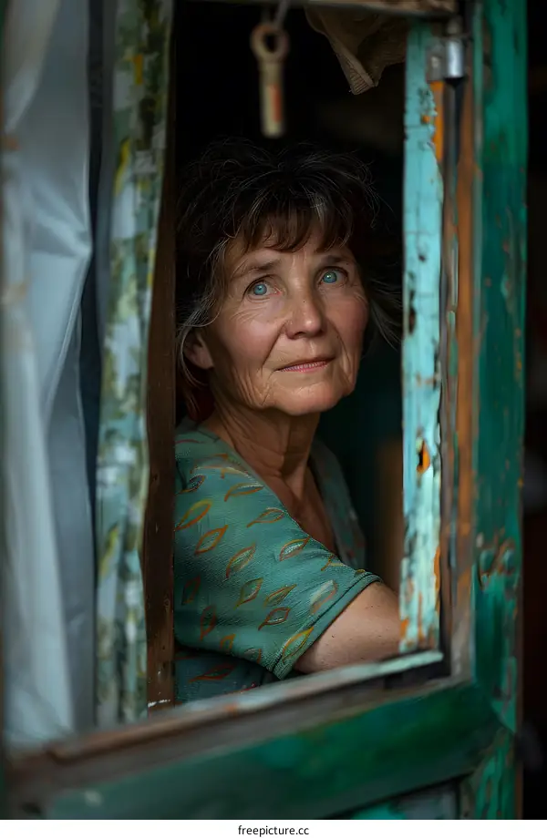 Mature Woman Looking Out a Rustic Window