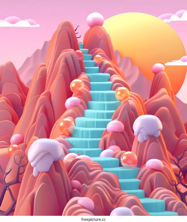 3D Illustration of a Mountainous Landscape with Stairs