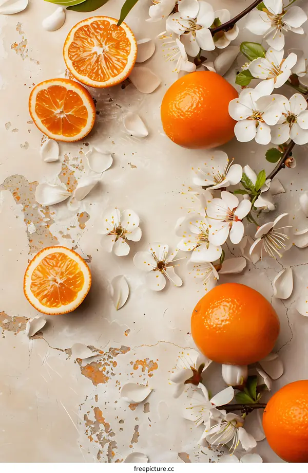 Orange Fruit with White Flowers on a Beige Background