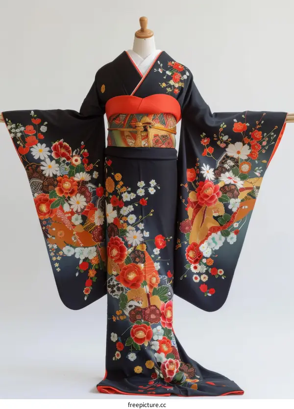 A woman wearing a black kimono with red and gold floral patterns.