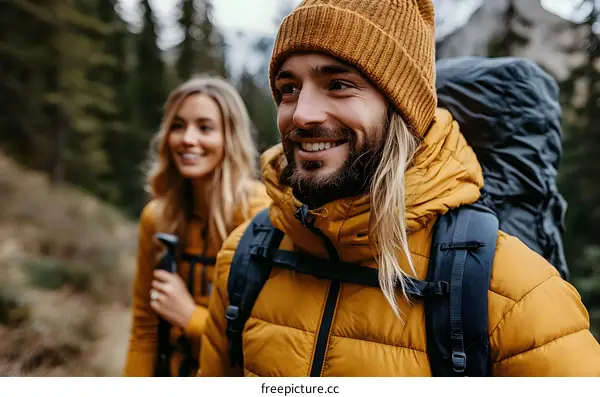 Happy Couple Hiking in the Forest