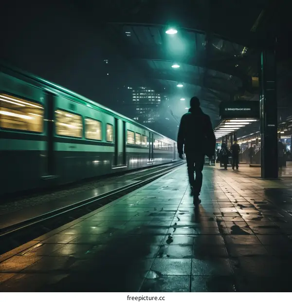 A lonely figure walks through a dimly lit train station at night