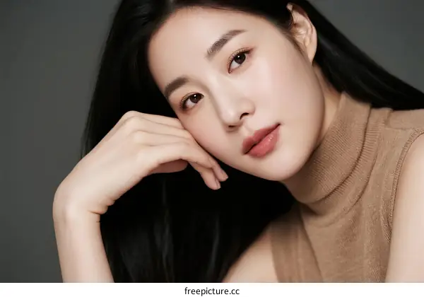 Portrait of Young Asian Woman with Long Black Hair Leaning Hand