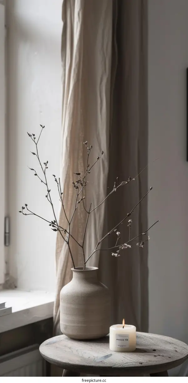 Dried branches in a ceramic vase by the window