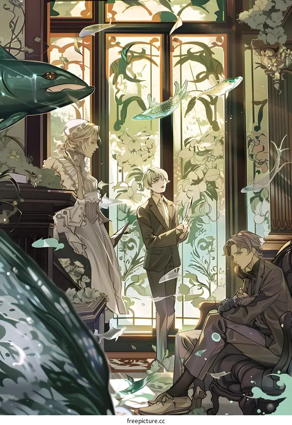 Three People in a Room with Fish and Flowers