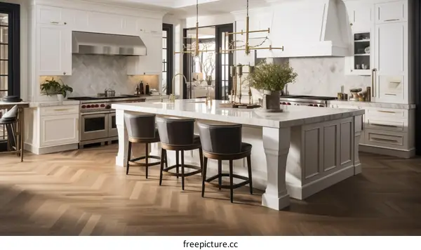 White kitchen island with wood flooring