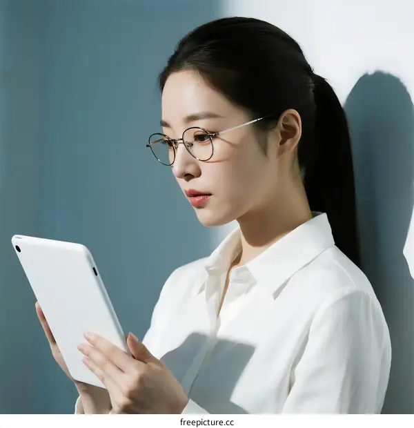 Young woman wearing glasses using a white tablet device