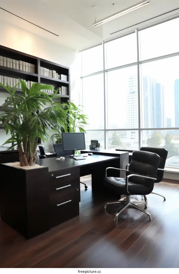 Modern office interior with large windows and a view of the city