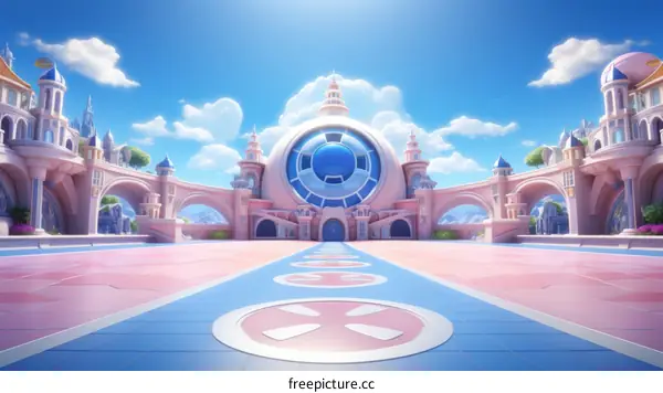 A beautiful pink and blue city with a large blue and white building in the center