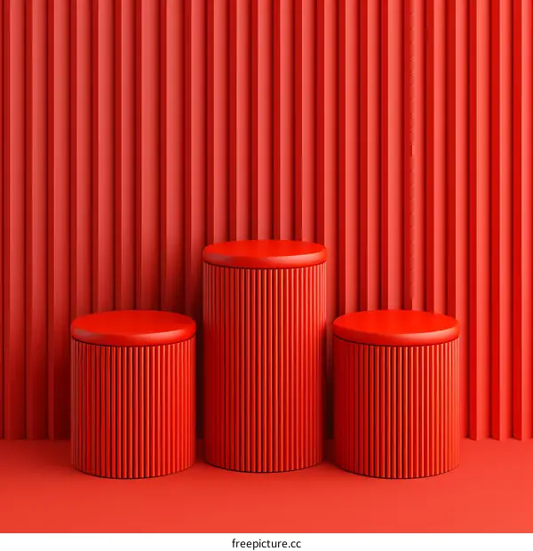 Three Red Podium Cylinders With Red Background