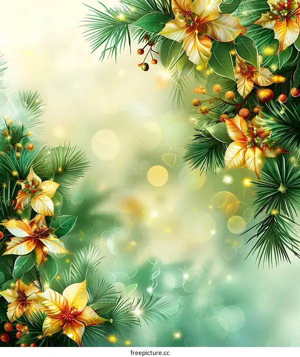 Christmas background with golden poinsettias and pine branches