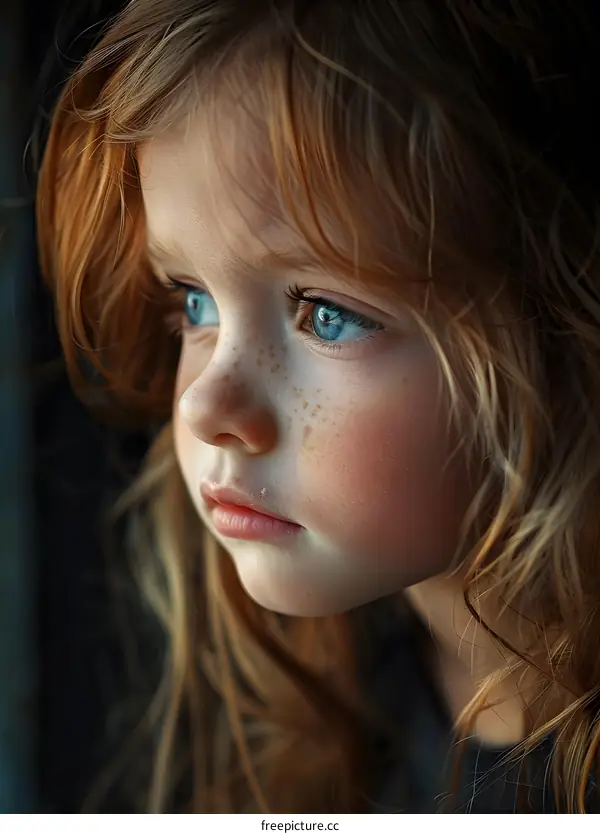 Portrait of a Little Redheaded Girl with Blue Eyes