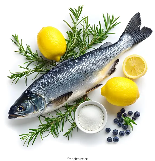 Freshwater fish with lemon, rosemary, blueberries and salt on a white background