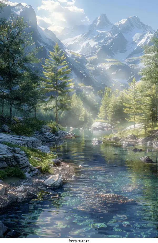 Majestic Mountain Landscape with River and Verdant Trees