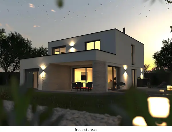 Modern House Exterior Design With Evening Sky And Lights