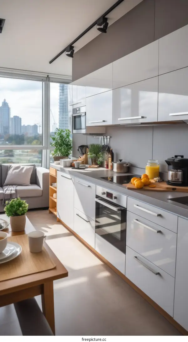 An open-concept kitchen with a large window and a view of the city