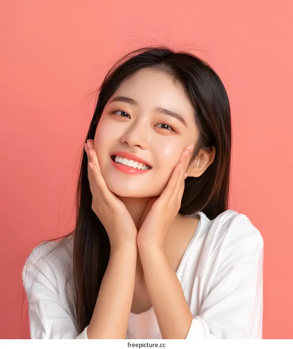 Smiling Asian Woman With Hands On Cheeks Portrait