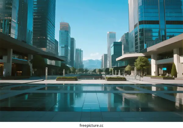 Modern Urban Architecture with Glass Skyscrapers and Reflective Pools
