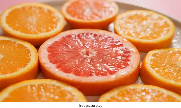 Sliced citrus fruits including orange and pink grapefruit on plate