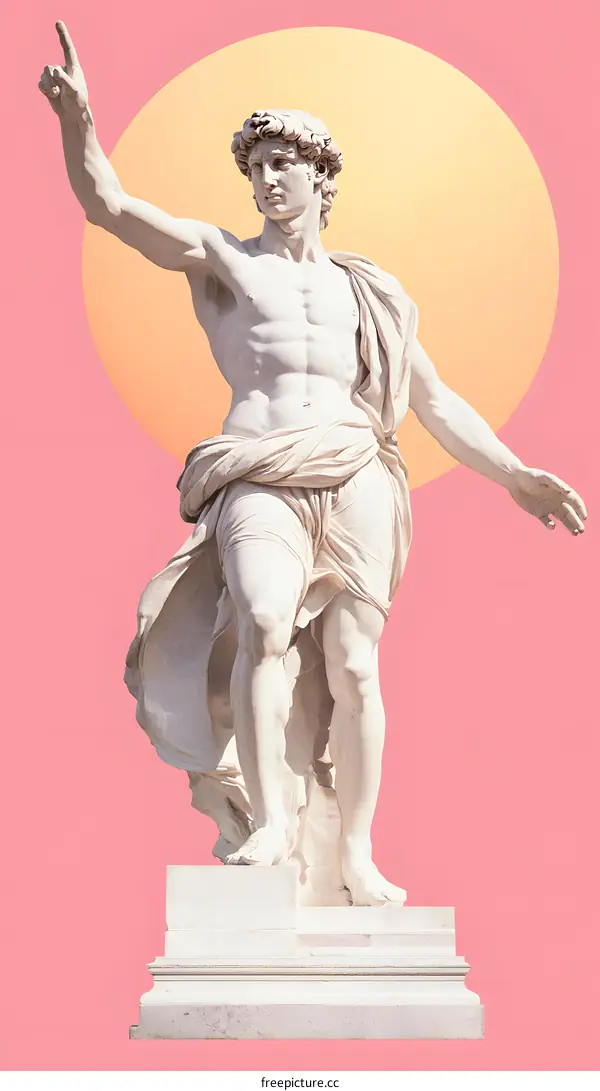 White Marble Statue of a Man with a Yellow Circle Behind Him on a Pink Background