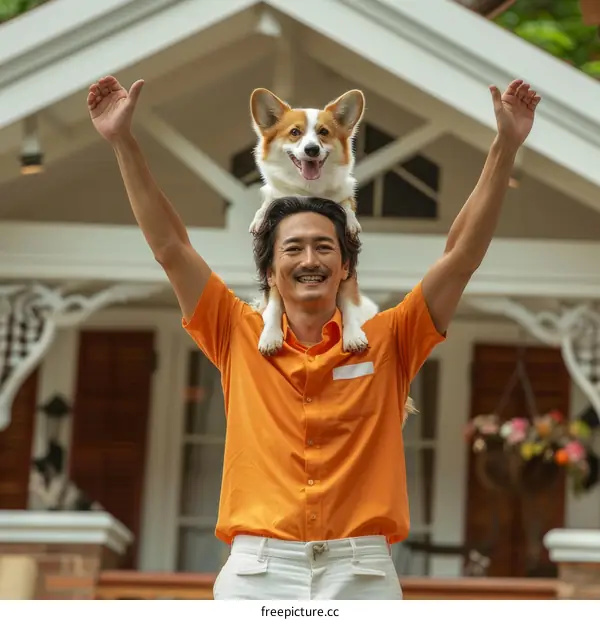 Asian man with a corgi on his head