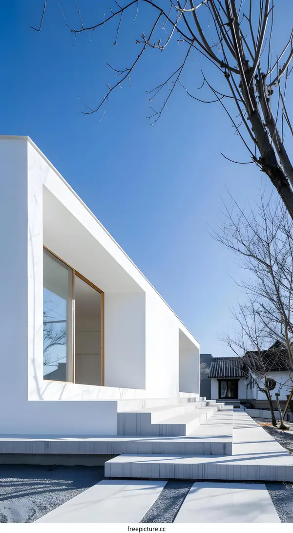 Modern Minimalist Architecture White Building with Stone Steps and Bare Tree