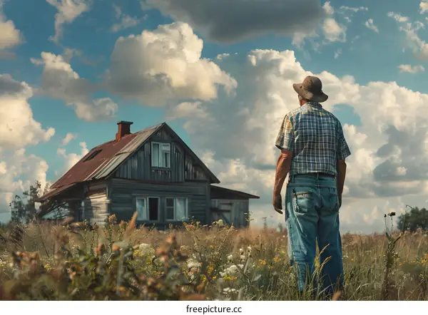 An old man standing alone in a field of flowers outside an abandoned house