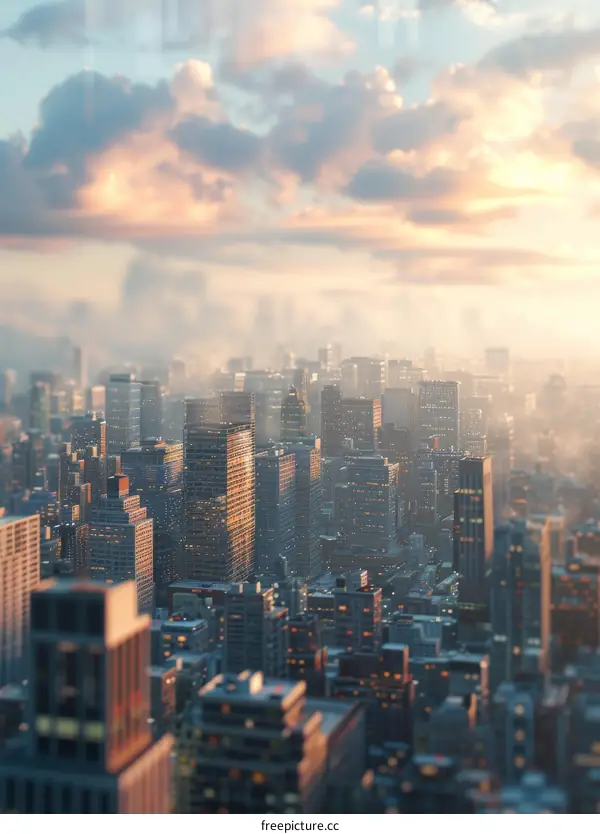 Cityscape with high-rises amidst golden sunlight