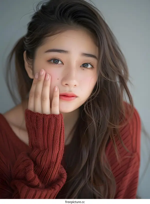 Portrait of an Asian Woman Wearing Red Sweater