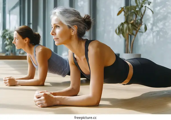 Two Women Doing Plank Exercise in Fitness Studio