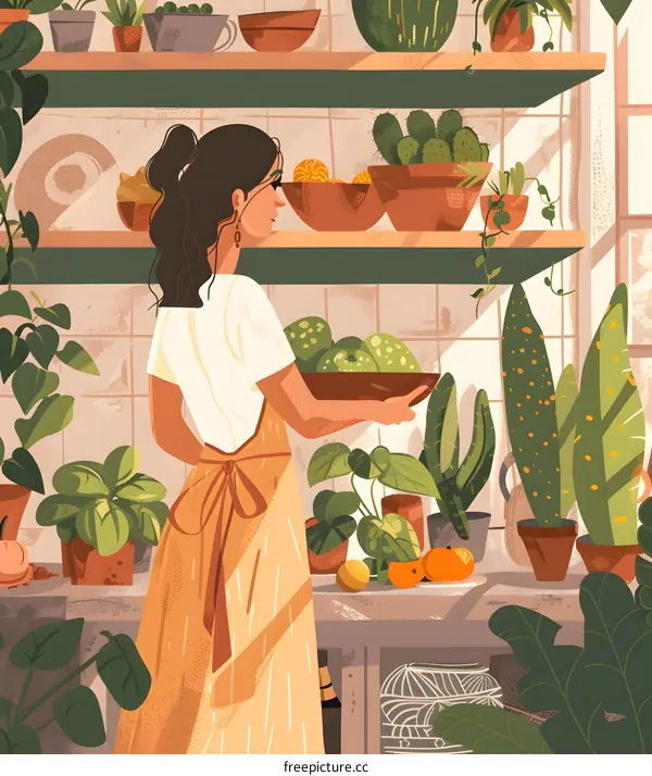 Woman in Apron with Plants in a Kitchen