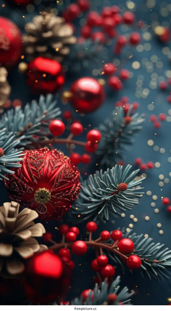 Christmas decoration with red and gold ornaments and blue spruce branches on dark blue background