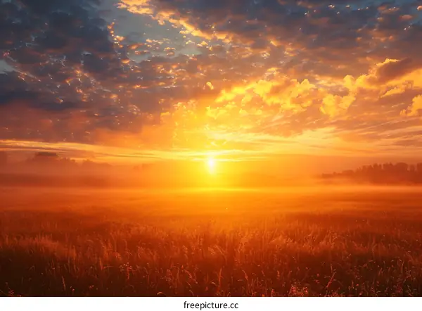 Golden Hour Sunrise over a Misty Field