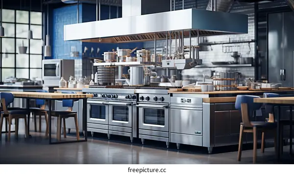 A commercial kitchen with stainless steel appliances and a large range