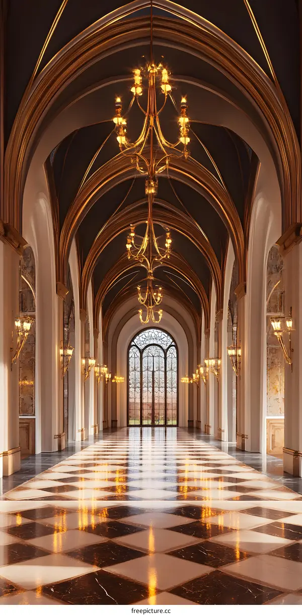 Golden Chandelier in a Grand Hallway with Checkerboard Floor