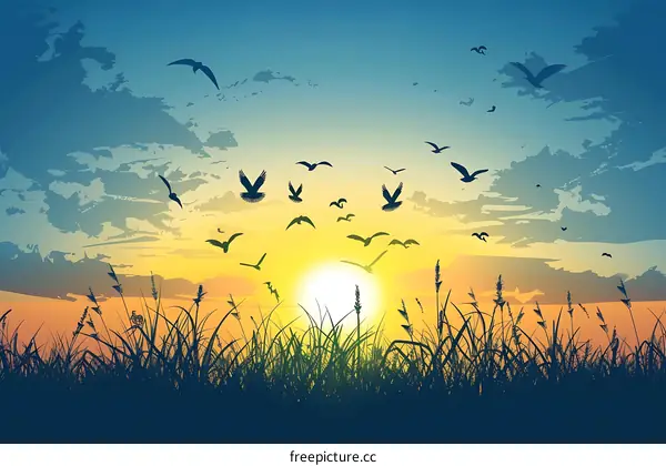 Silhouette of Birds Flying Over Grass at Sunset
