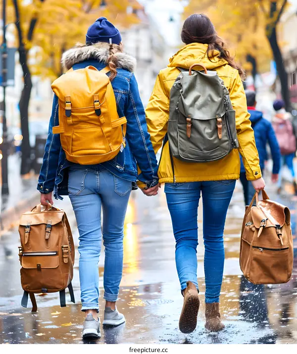 Two Women Holding Hands Walking Through City Street In Autumn