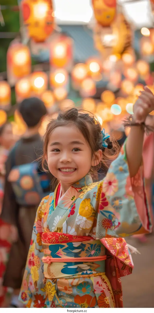 A young girl wearing a kimono smiles happily at a Japanese festival
