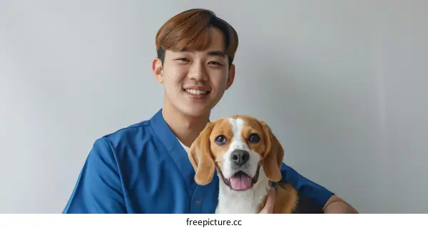 Asian veterinarian smiling with a beagle dog