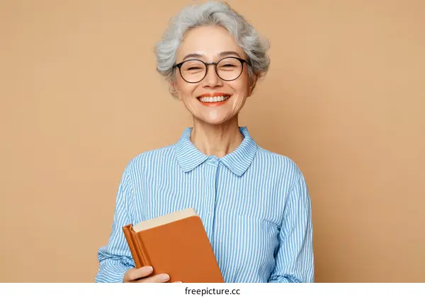 Smiling Senior Woman Holding a Book Against a Beige Background