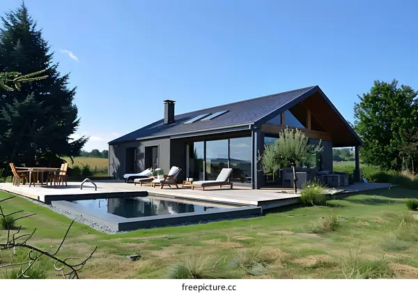 Modern Black House with Swimming Pool in Countryside